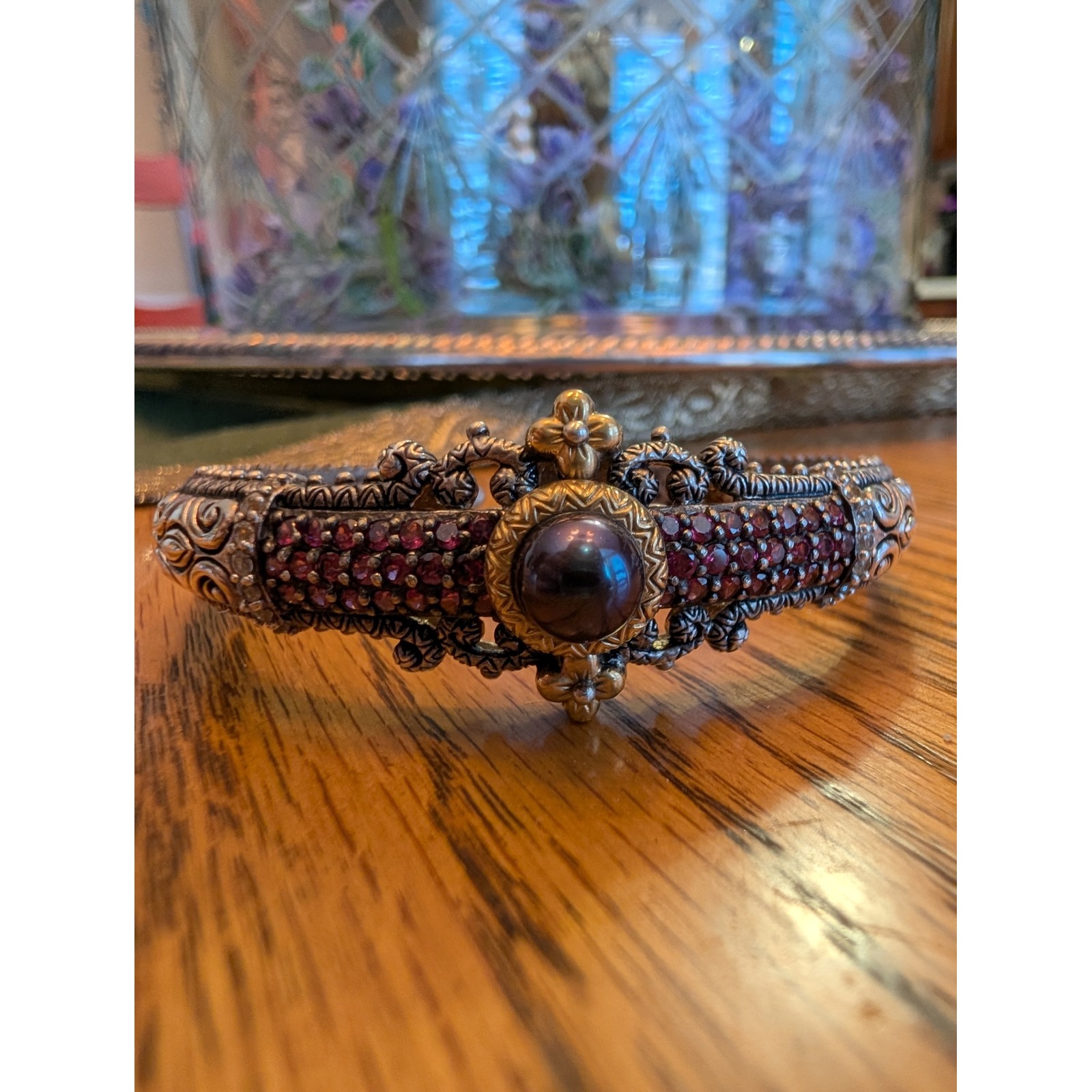 Barbara Bixby Sterling Silver 18k Gold Garnet Mabe Pearl Hinged Cuff Bracelet 498$